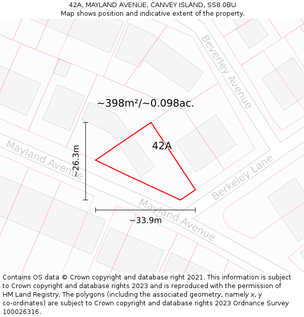 42A, MAYLAND AVENUE, CANVEY ISLAND, SS8 0BU: Plot and title map