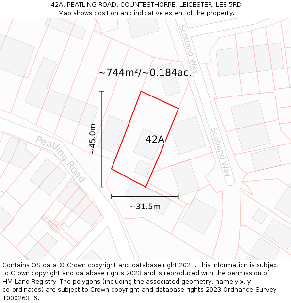 42A, PEATLING ROAD, COUNTESTHORPE, LEICESTER, LE8 5RD: Plot and title map