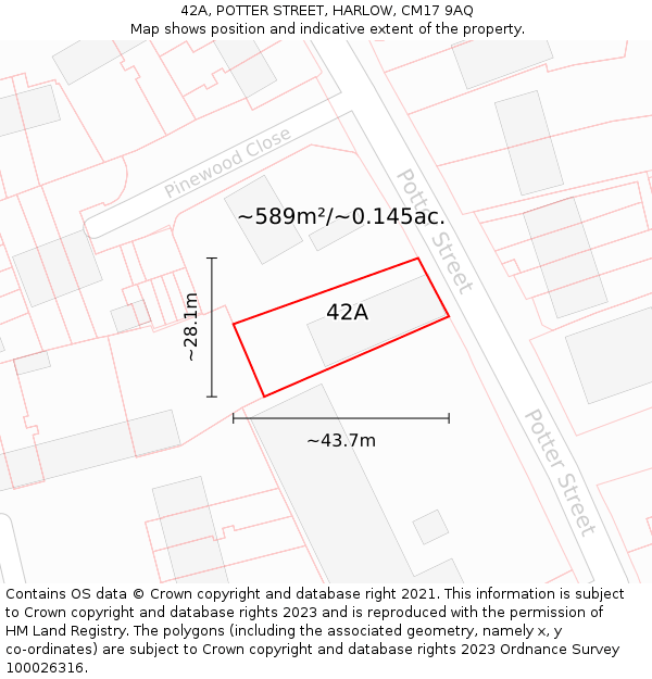 42A, POTTER STREET, HARLOW, CM17 9AQ: Plot and title map
