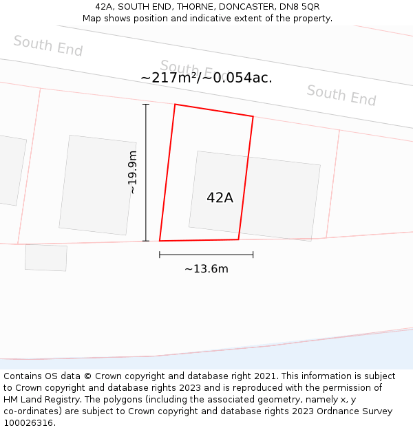 42A, SOUTH END, THORNE, DONCASTER, DN8 5QR: Plot and title map