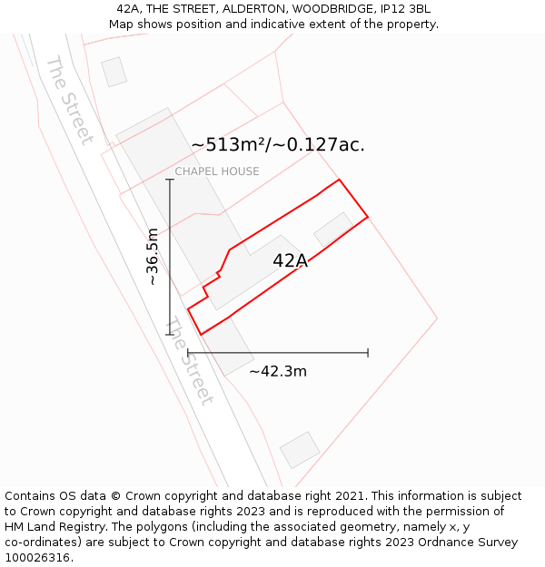 42A, THE STREET, ALDERTON, WOODBRIDGE, IP12 3BL: Plot and title map