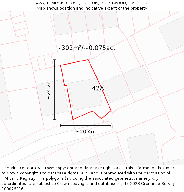 42A, TOMLYNS CLOSE, HUTTON, BRENTWOOD, CM13 1PU: Plot and title map