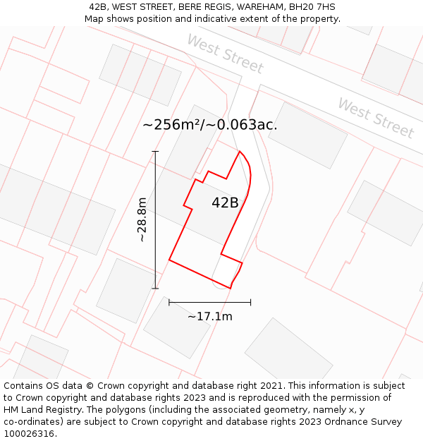 42B, WEST STREET, BERE REGIS, WAREHAM, BH20 7HS: Plot and title map