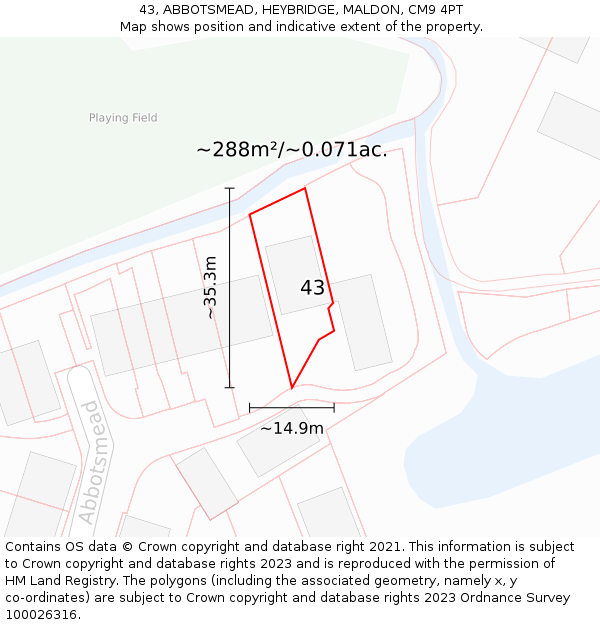 43, ABBOTSMEAD, HEYBRIDGE, MALDON, CM9 4PT: Plot and title map