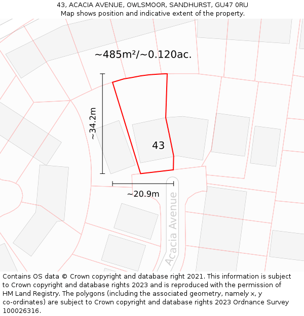 43, ACACIA AVENUE, OWLSMOOR, SANDHURST, GU47 0RU: Plot and title map