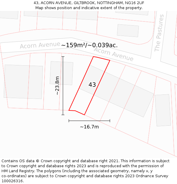 43, ACORN AVENUE, GILTBROOK, NOTTINGHAM, NG16 2UF: Plot and title map