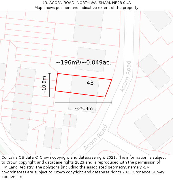 43, ACORN ROAD, NORTH WALSHAM, NR28 0UA: Plot and title map