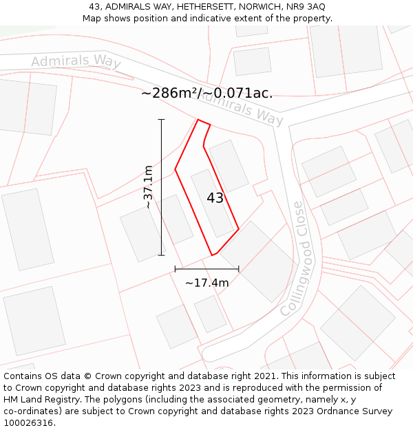 43, ADMIRALS WAY, HETHERSETT, NORWICH, NR9 3AQ: Plot and title map