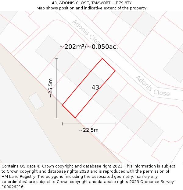 43, ADONIS CLOSE, TAMWORTH, B79 8TY: Plot and title map