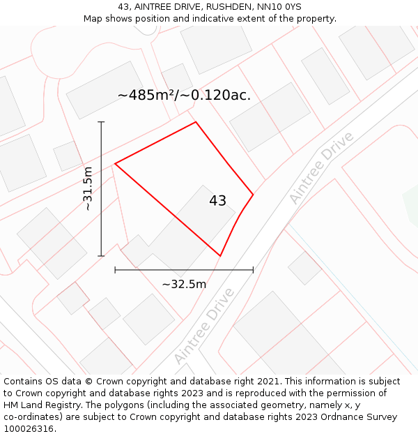 43, AINTREE DRIVE, RUSHDEN, NN10 0YS: Plot and title map