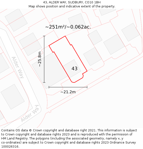 43, ALDER WAY, SUDBURY, CO10 1BH: Plot and title map