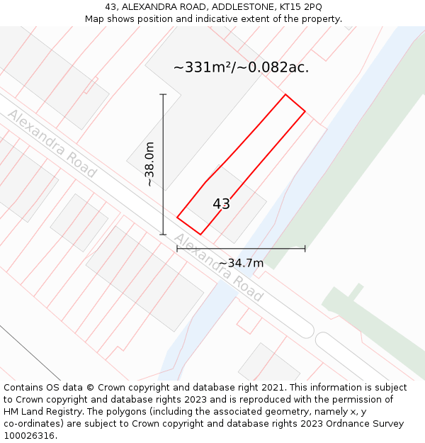 43, ALEXANDRA ROAD, ADDLESTONE, KT15 2PQ: Plot and title map
