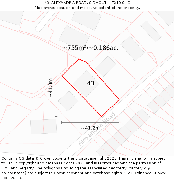 43, ALEXANDRIA ROAD, SIDMOUTH, EX10 9HG: Plot and title map