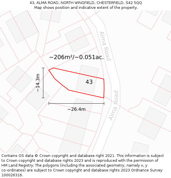 43, ALMA ROAD, NORTH WINGFIELD, CHESTERFIELD, S42 5QQ: Plot and title map