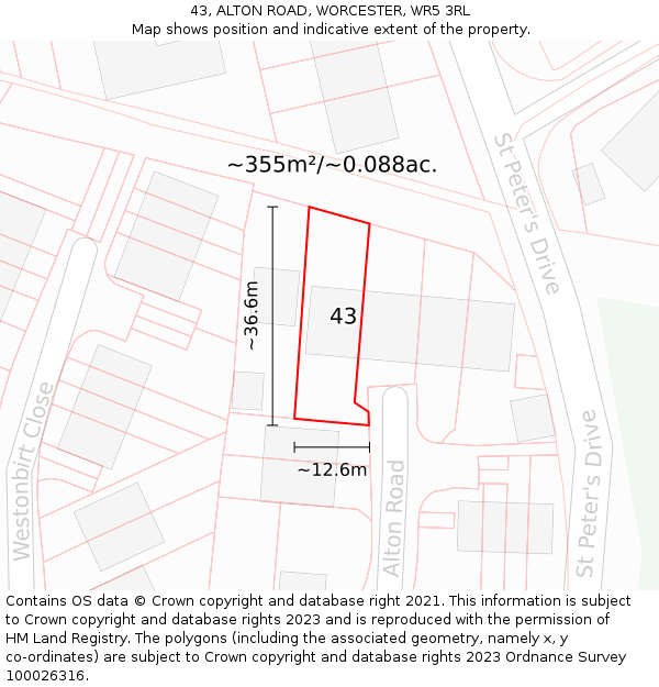 43, ALTON ROAD, WORCESTER, WR5 3RL: Plot and title map
