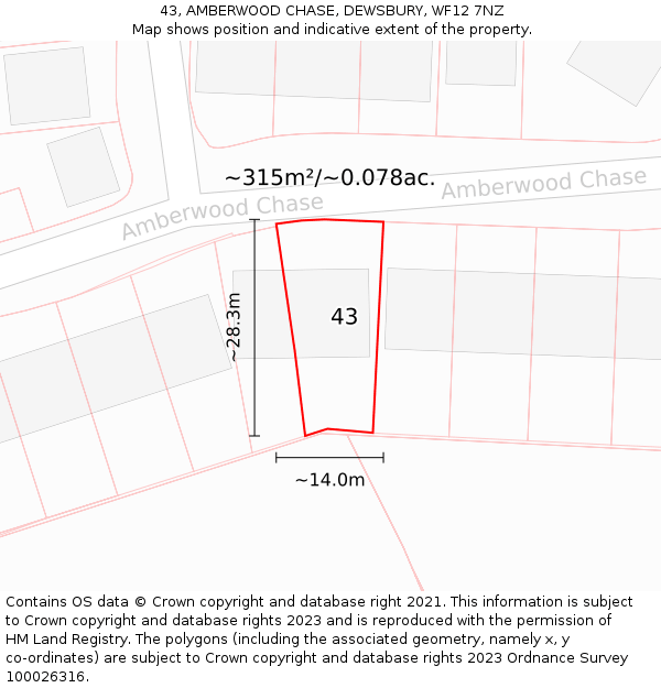 43, AMBERWOOD CHASE, DEWSBURY, WF12 7NZ: Plot and title map