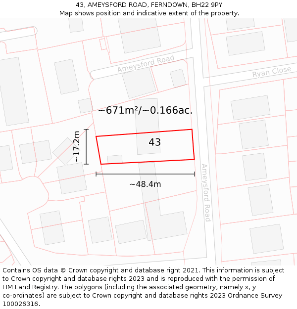 43, AMEYSFORD ROAD, FERNDOWN, BH22 9PY: Plot and title map