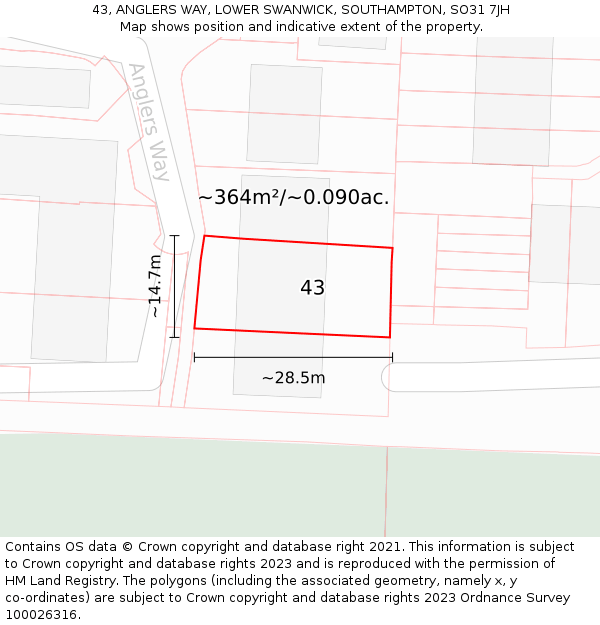 43, ANGLERS WAY, LOWER SWANWICK, SOUTHAMPTON, SO31 7JH: Plot and title map