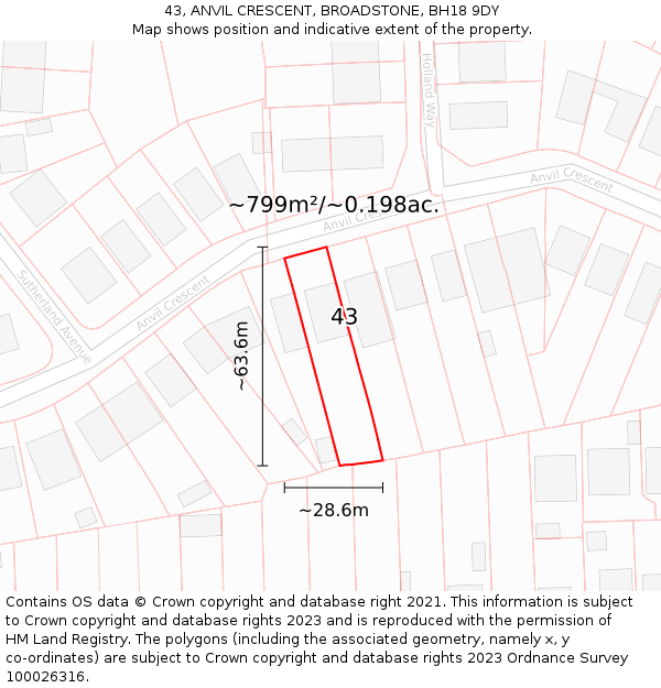 43, ANVIL CRESCENT, BROADSTONE, BH18 9DY: Plot and title map