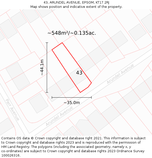 43, ARUNDEL AVENUE, EPSOM, KT17 2RJ: Plot and title map