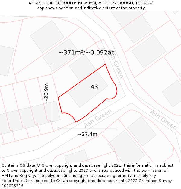 43, ASH GREEN, COULBY NEWHAM, MIDDLESBROUGH, TS8 0UW: Plot and title map
