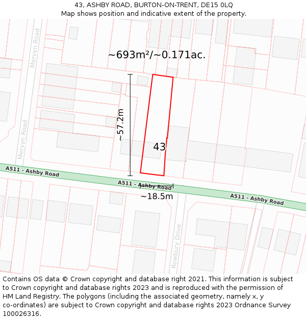 43, ASHBY ROAD, BURTON-ON-TRENT, DE15 0LQ: Plot and title map