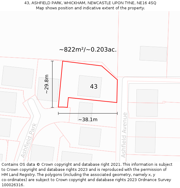 43, ASHFIELD PARK, WHICKHAM, NEWCASTLE UPON TYNE, NE16 4SQ: Plot and title map