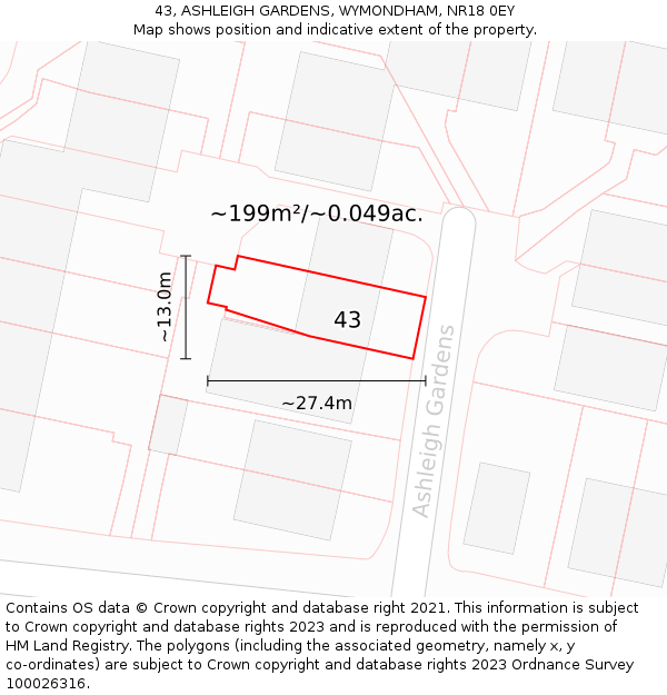 43, ASHLEIGH GARDENS, WYMONDHAM, NR18 0EY: Plot and title map