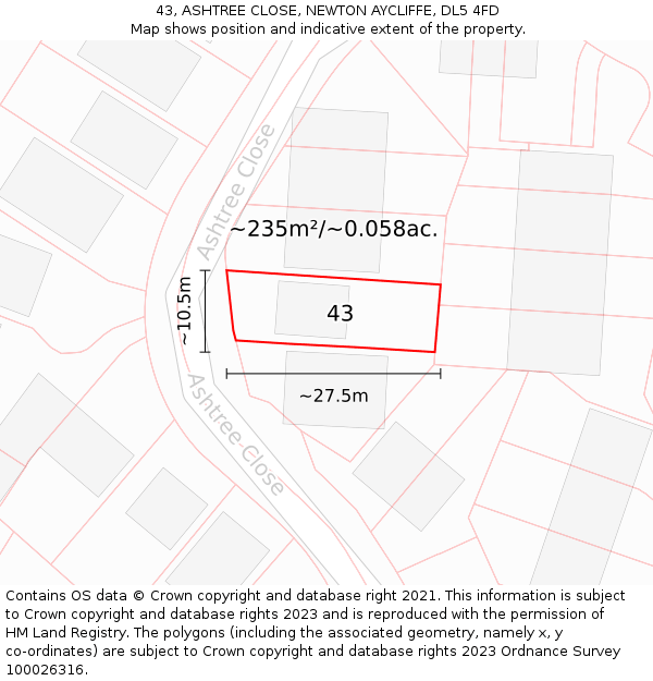 43, ASHTREE CLOSE, NEWTON AYCLIFFE, DL5 4FD: Plot and title map