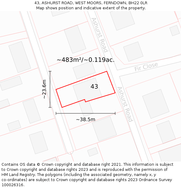 43, ASHURST ROAD, WEST MOORS, FERNDOWN, BH22 0LR: Plot and title map