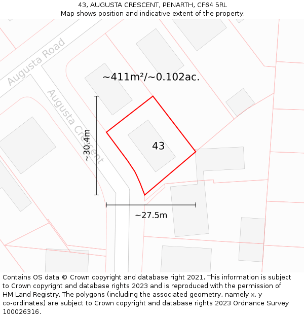 43, AUGUSTA CRESCENT, PENARTH, CF64 5RL: Plot and title map