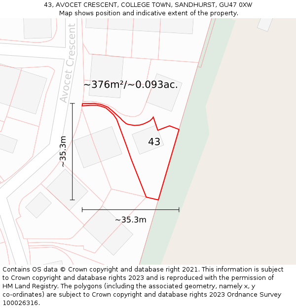 43, AVOCET CRESCENT, COLLEGE TOWN, SANDHURST, GU47 0XW: Plot and title map