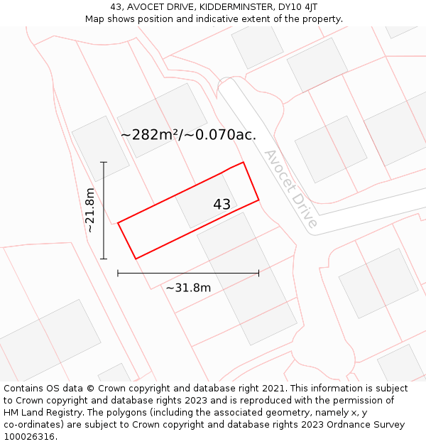 43, AVOCET DRIVE, KIDDERMINSTER, DY10 4JT: Plot and title map