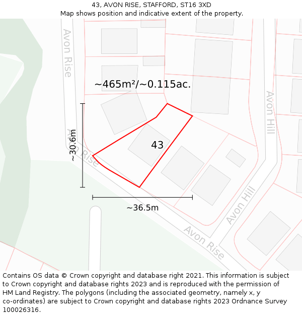 43, AVON RISE, STAFFORD, ST16 3XD: Plot and title map