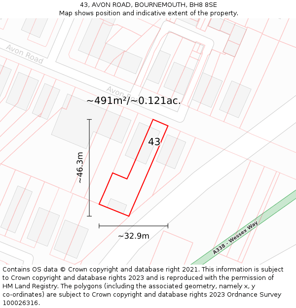 43, AVON ROAD, BOURNEMOUTH, BH8 8SE: Plot and title map