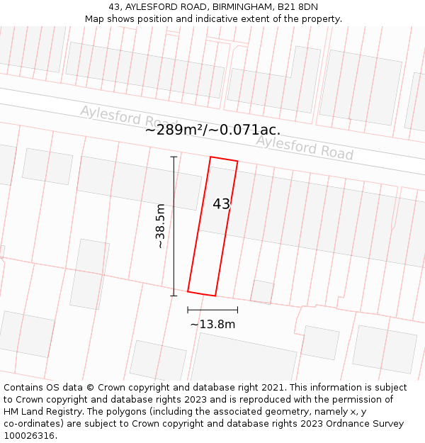 43, AYLESFORD ROAD, BIRMINGHAM, B21 8DN: Plot and title map