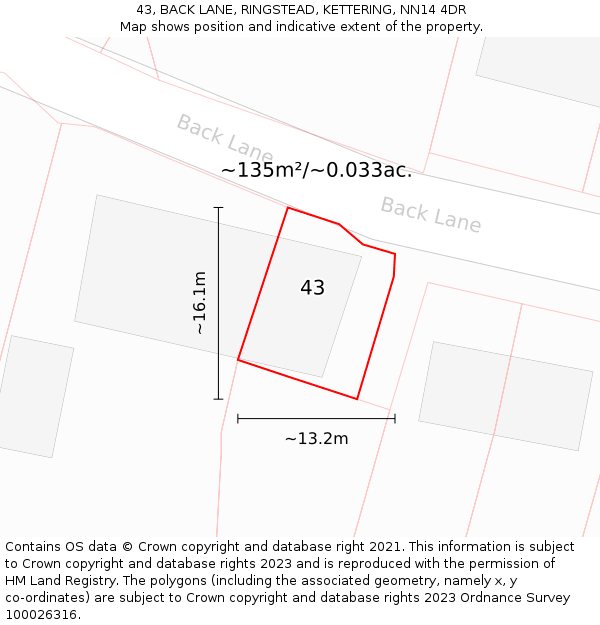 43, BACK LANE, RINGSTEAD, KETTERING, NN14 4DR: Plot and title map