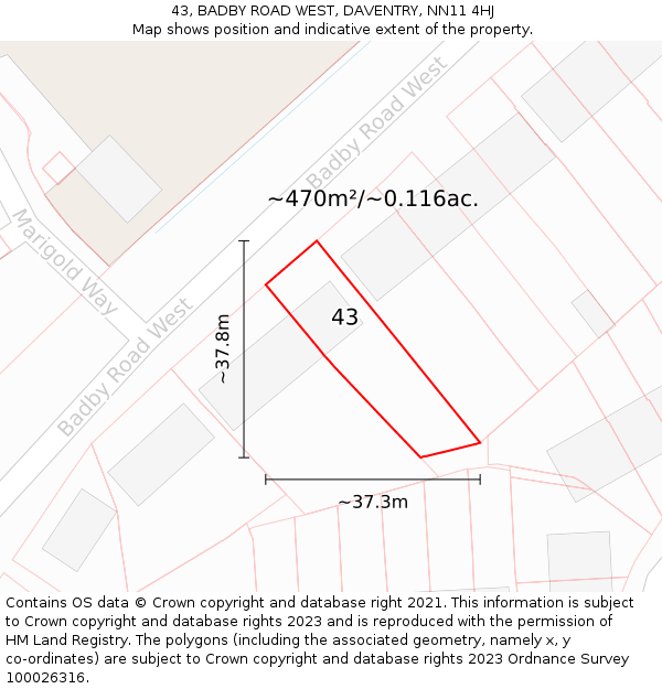 43, BADBY ROAD WEST, DAVENTRY, NN11 4HJ: Plot and title map