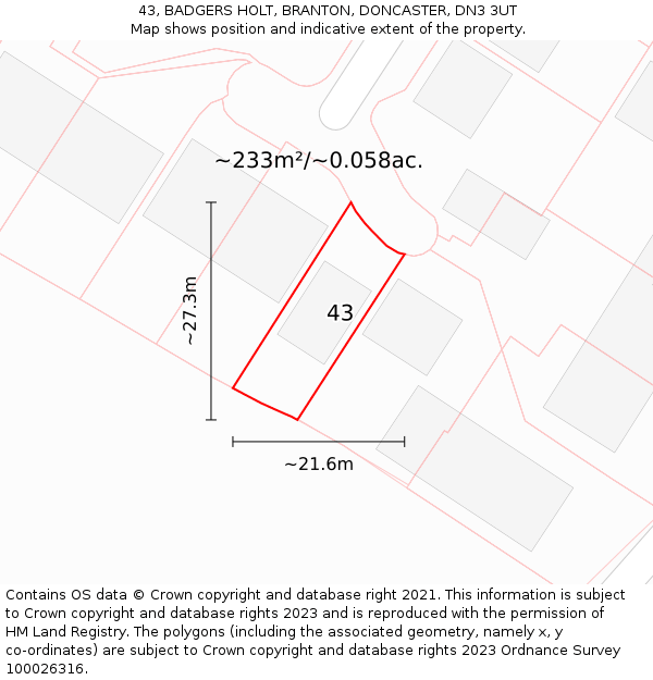 43, BADGERS HOLT, BRANTON, DONCASTER, DN3 3UT: Plot and title map