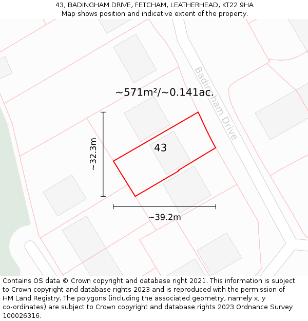 43, BADINGHAM DRIVE, FETCHAM, LEATHERHEAD, KT22 9HA: Plot and title map
