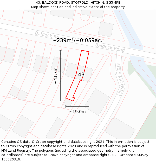 43, BALDOCK ROAD, STOTFOLD, HITCHIN, SG5 4PB: Plot and title map