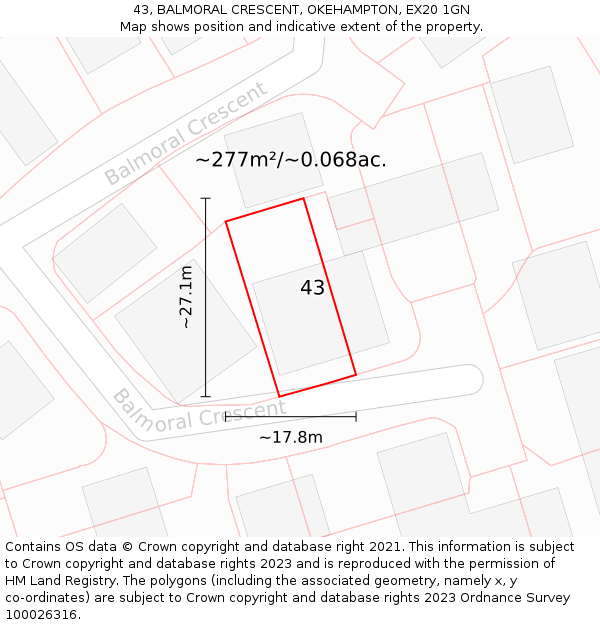 43, BALMORAL CRESCENT, OKEHAMPTON, EX20 1GN: Plot and title map