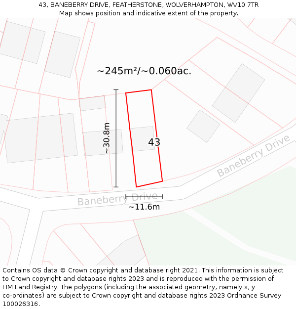 43, BANEBERRY DRIVE, FEATHERSTONE, WOLVERHAMPTON, WV10 7TR: Plot and title map