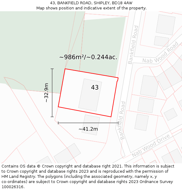 43, BANKFIELD ROAD, SHIPLEY, BD18 4AW: Plot and title map