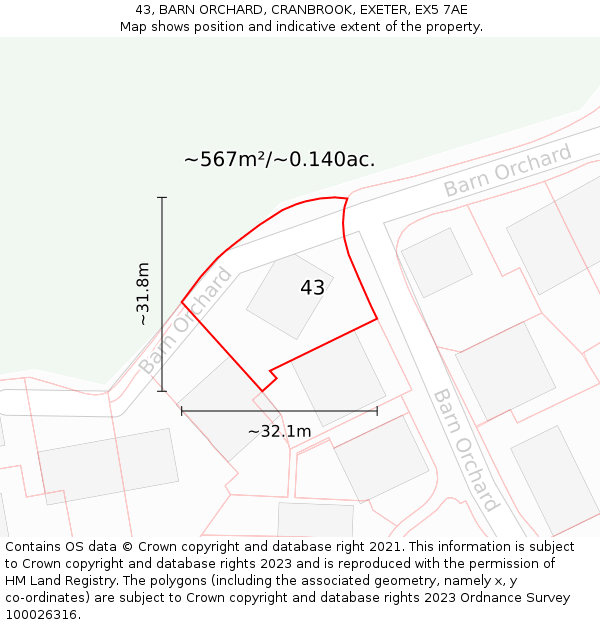 43, BARN ORCHARD, CRANBROOK, EXETER, EX5 7AE: Plot and title map
