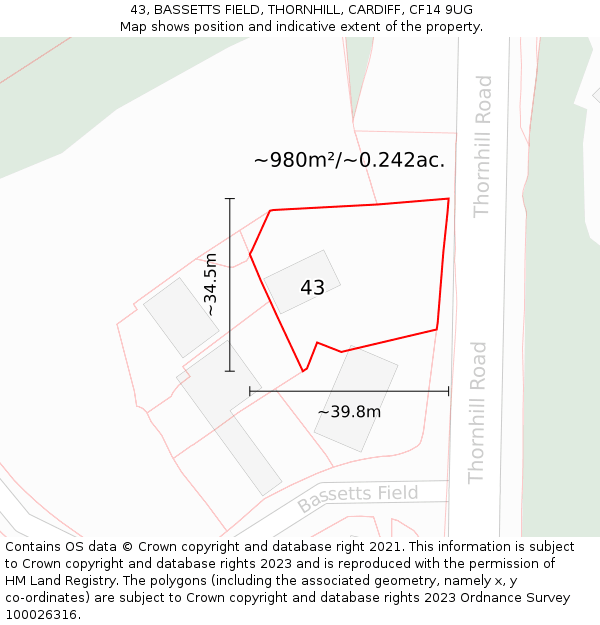43, BASSETTS FIELD, THORNHILL, CARDIFF, CF14 9UG: Plot and title map