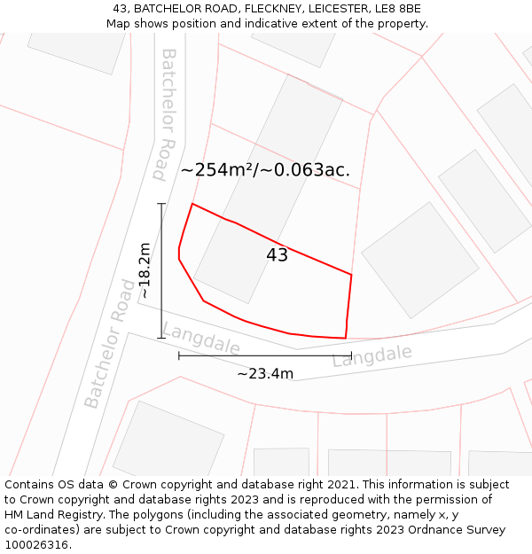 43, BATCHELOR ROAD, FLECKNEY, LEICESTER, LE8 8BE: Plot and title map