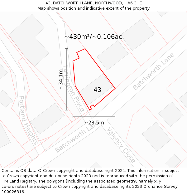 43, BATCHWORTH LANE, NORTHWOOD, HA6 3HE: Plot and title map