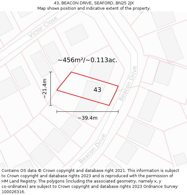 43, BEACON DRIVE, SEAFORD, BN25 2JX: Plot and title map