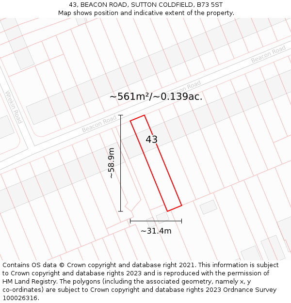 43, BEACON ROAD, SUTTON COLDFIELD, B73 5ST: Plot and title map